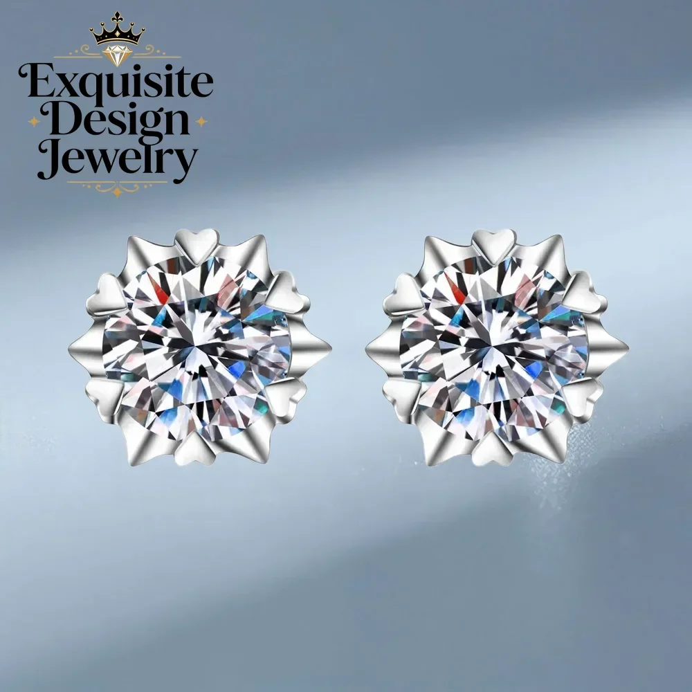 Luxury Snowflake 0.6-4 Carat Moissanite Diamond Stud Earring for Women, Platinum Six Claw Setting Earrings Pt950 Wedding Jewelry
