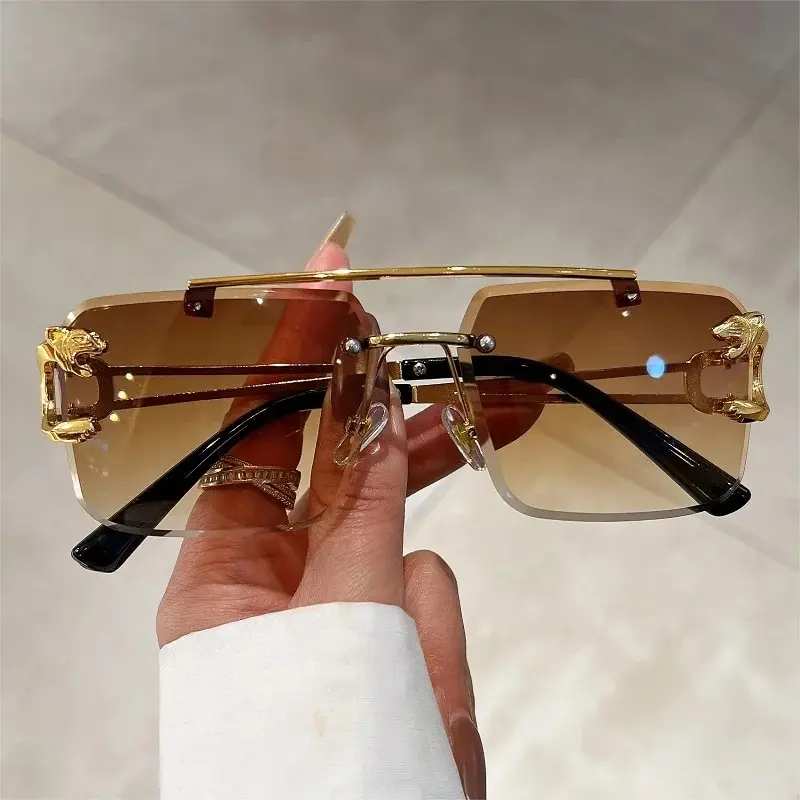 KAMMPT Rimless Square Double Bridge Sunglasses Fashion Stylish For Women Vintage Trend Brand Design Men Shades Eyewear