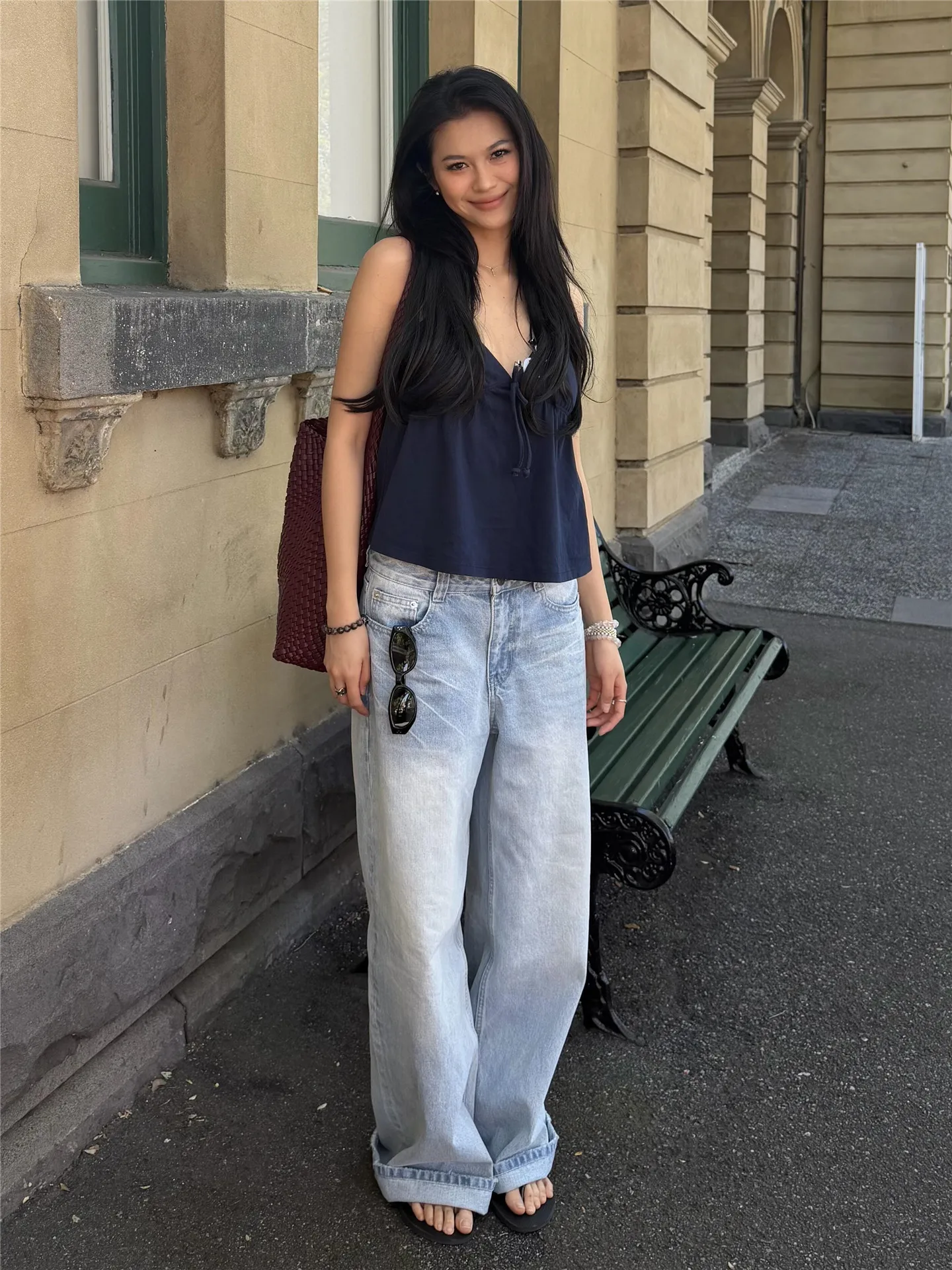 

Ретро-джинсы в американском стиле, синие, широкие, прямые, женские, свободные, облегающие, в стиле Spicy Girl, брюки в пол, повседневные, из хлопка