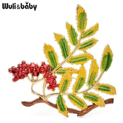 Wuli&baby Enamel Red Fruits Green Leaves Branch Flowers Brooches Pins For Women Unisex Party Causal Jewelry Brooch Gifts