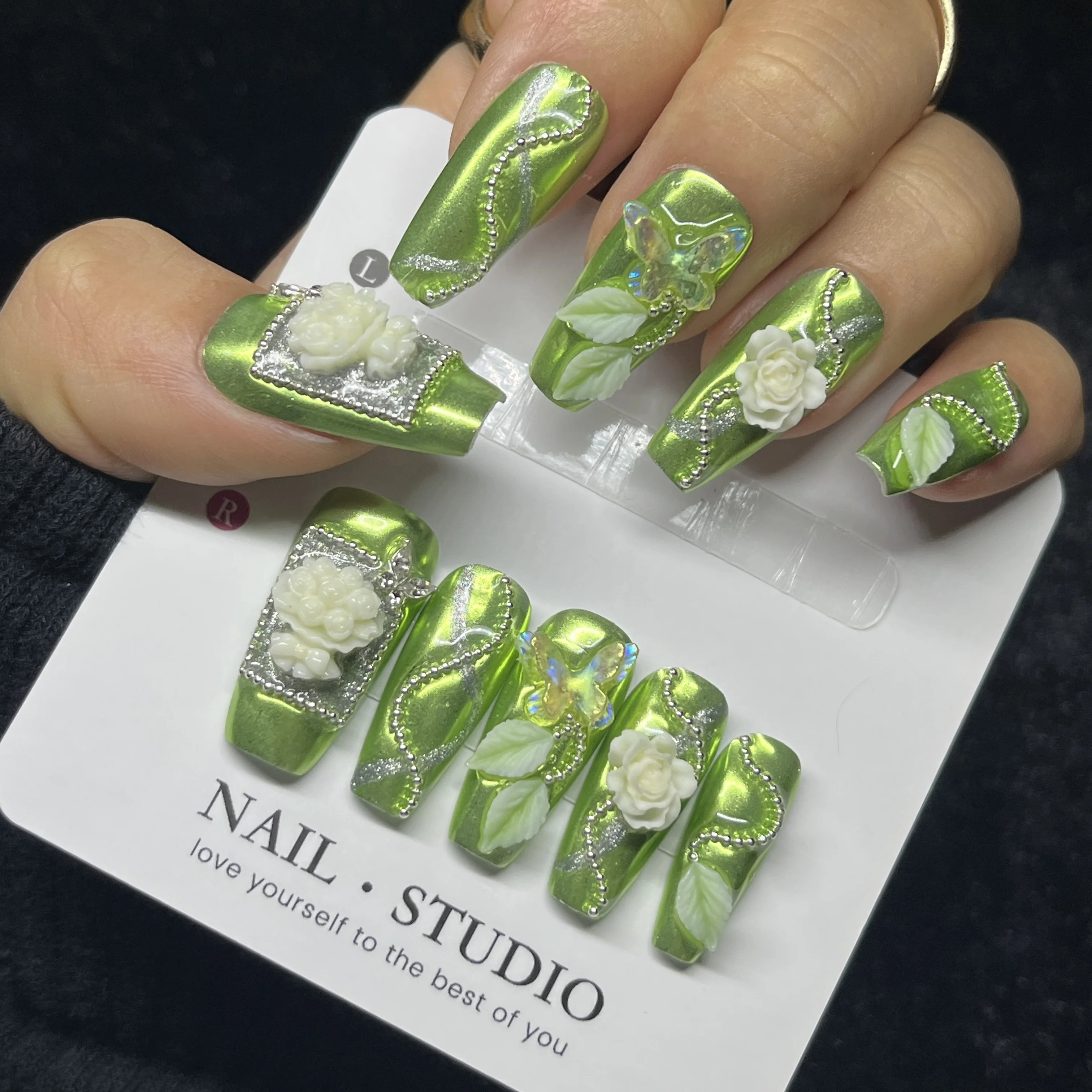 

10PCS Elegant Rose Press on Nails Long Coffin Green Metallic with 3D Butterfly Charms Nature False Nails Handmade Acrylic Nails