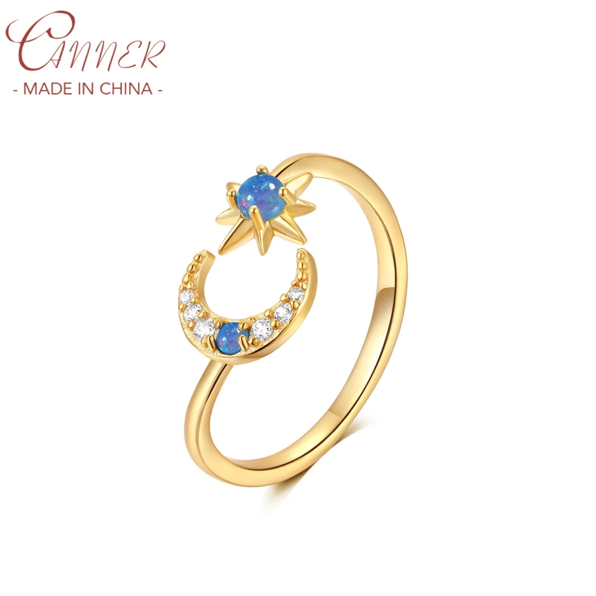 CANNER 925 Sterling Silver Adjustable Light Luxury Star Moon Rings For Women 18K Gold Plated Fashion Opal  Fine Jewelry Ins Gift