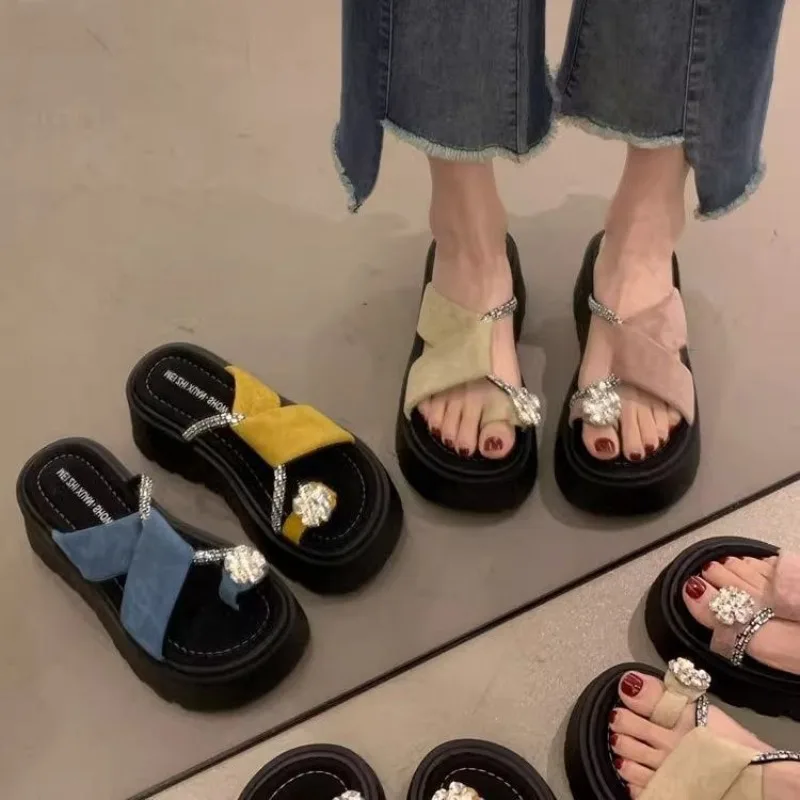 

Fashion Women's Slippers Luxury Rhinestone Platform Sandals 2025Summer New Flip Flops Height-increasing Slippers Pantuflas Mujer