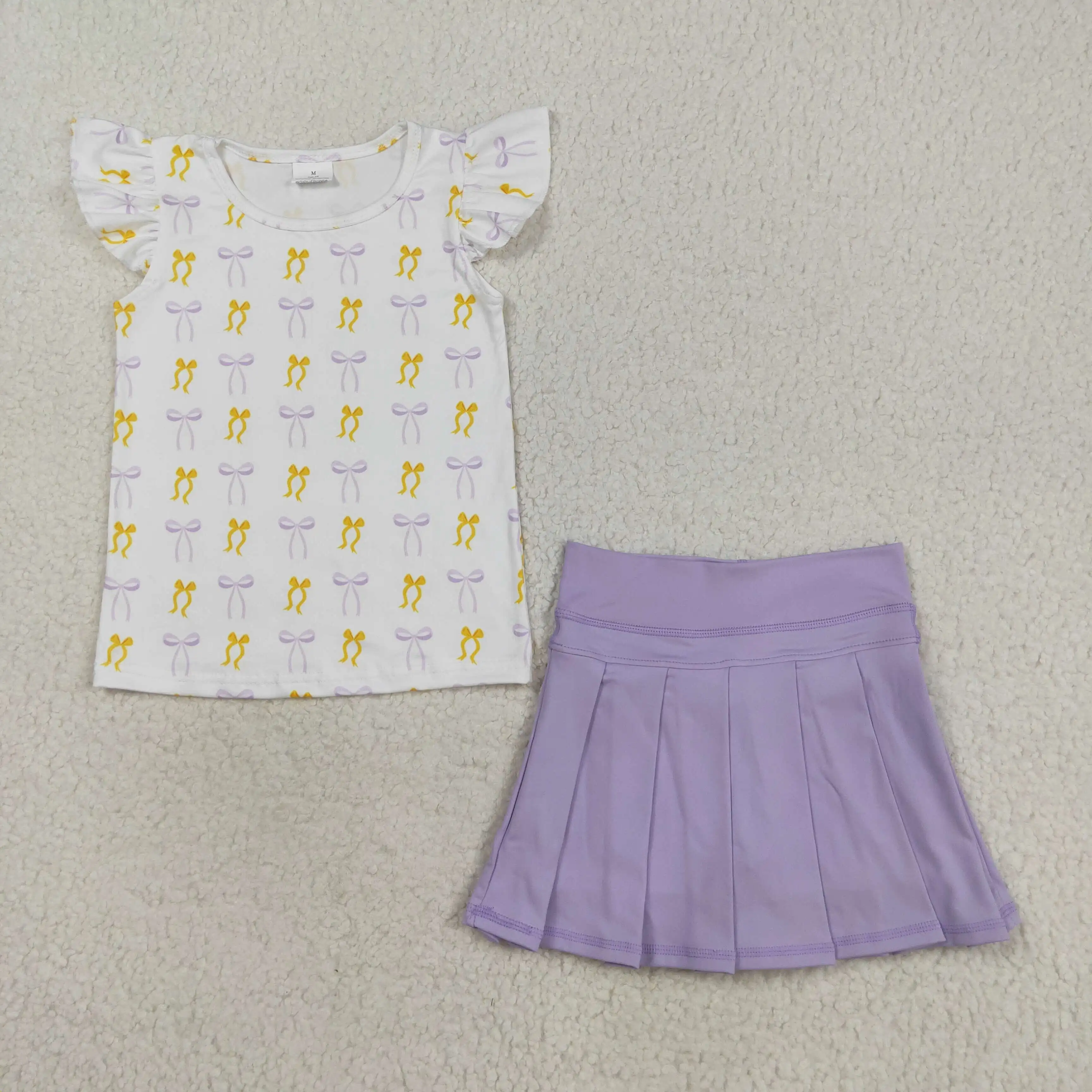 

Baby Girls Plaid Flutter Sleeves Bow Top with Lavender Pleated Skirt Active Yoga Skort Set Yellow Lavender Bows Top Set