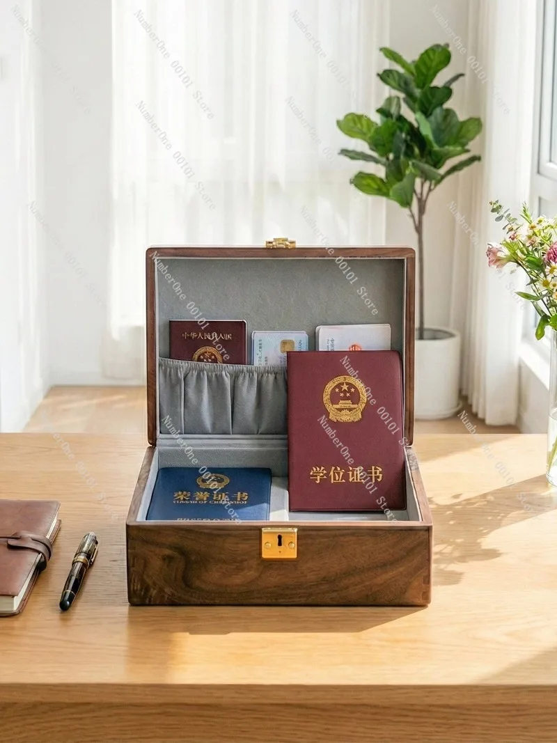 Elegant Black Walnut Solid Wood Document Storage Box Lockable Jewelry Case No Compartments Deed Certificate Organizer Desktop