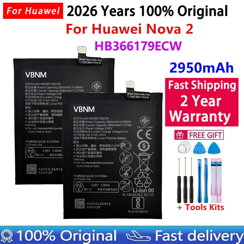 

High Quality Replacement Battery For Huawei Nova 2 CAZ-TL00 CAZ-AL10 Nova2 HB366179ECW Genuine Phone Battery 2950mAh Batteries