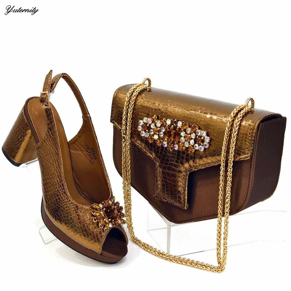 

Hot New Summer PU With Rhinestone Sandals Shoes And Bag Set Italian Fashion Woman High Heels Shoes And Bags For Party