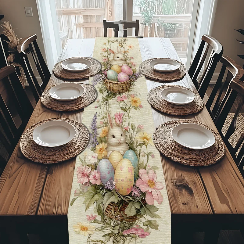1Pc Home Kitchen Party Table Runner, Table Fabric, Table Accessories, Tableware, Tablecloth, Easter Theme, Easter Eggs Decorated with Cute Rabbits and Flowers, and Delicate Butterflies