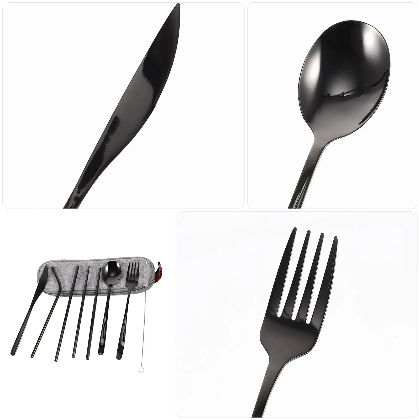 

1 Set Portable Tableware Set Storage Bag Straw Cleaning Brush Reusable Travel Utensil Kit Stainless Steel Fork Spoon Chopsticks