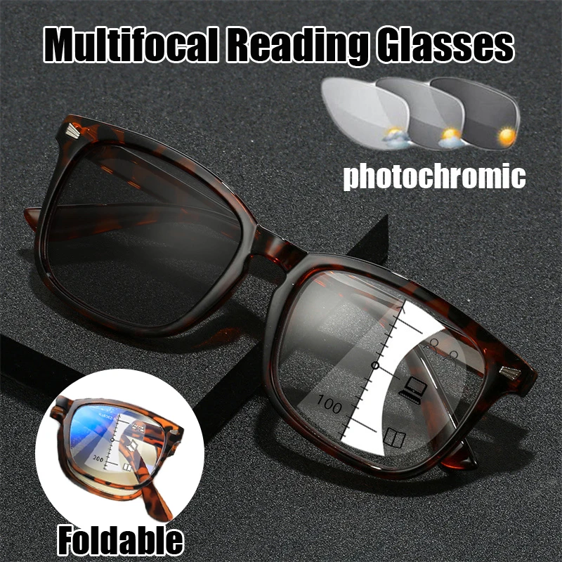 Trendy Women Men's Multifocal Reading Glasses Vintage Color Changing Bifocal Presbyopia Eyewear Finished Photochromic Sunglasses