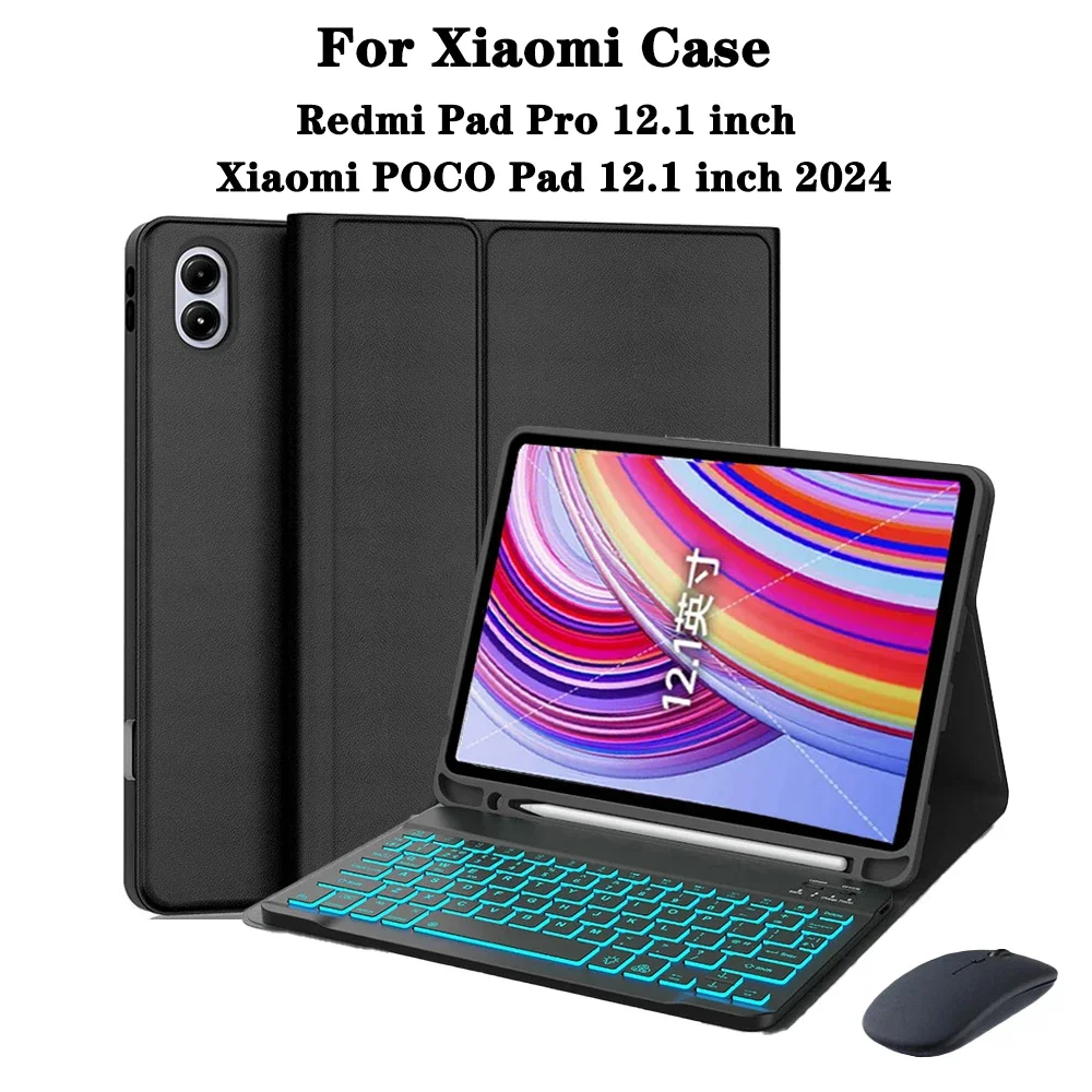 

Чехол с клавиатурой для Redmi Pad Pro 12,1 lnch, чехол для планшета Xiaomi POCO Pad 12,1 дюйма со съемной беспроводной Bluetooth-клавиатурой