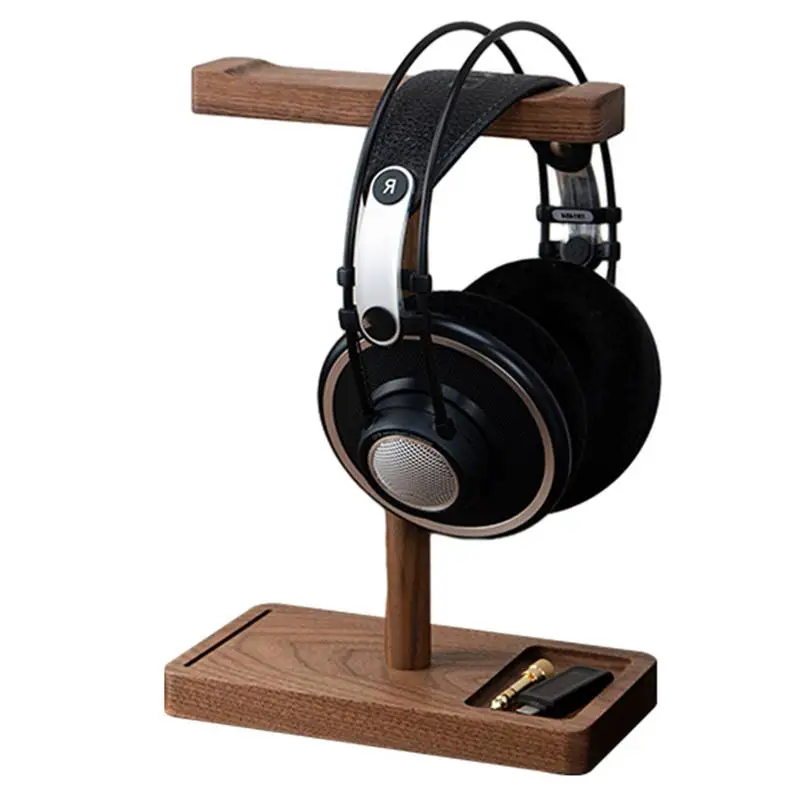 Black Walnut Universal Dual Headset Holder Headset Display Shelf Desk Hanger Headphones Stands Storage Brackets With Small Tray