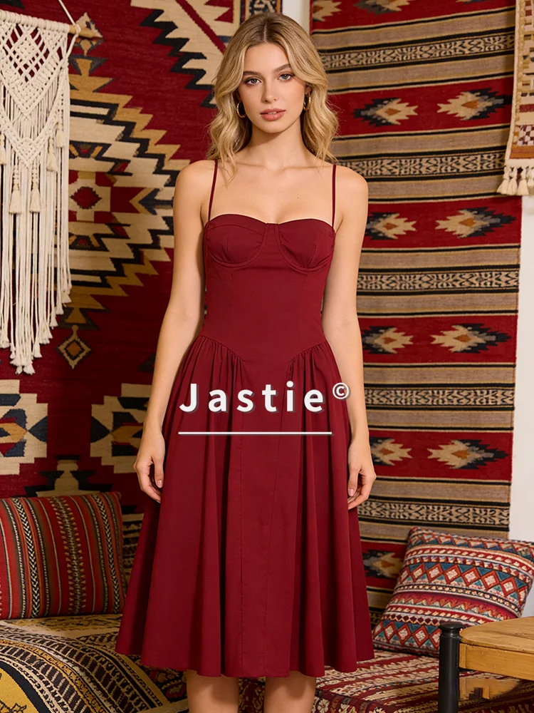 Red Corset Midi Dress Spaghetti Strap Bustier Bodice A-Line Elegant Dresses Zipper Slim Sexy Holiday Boho Beach Dress