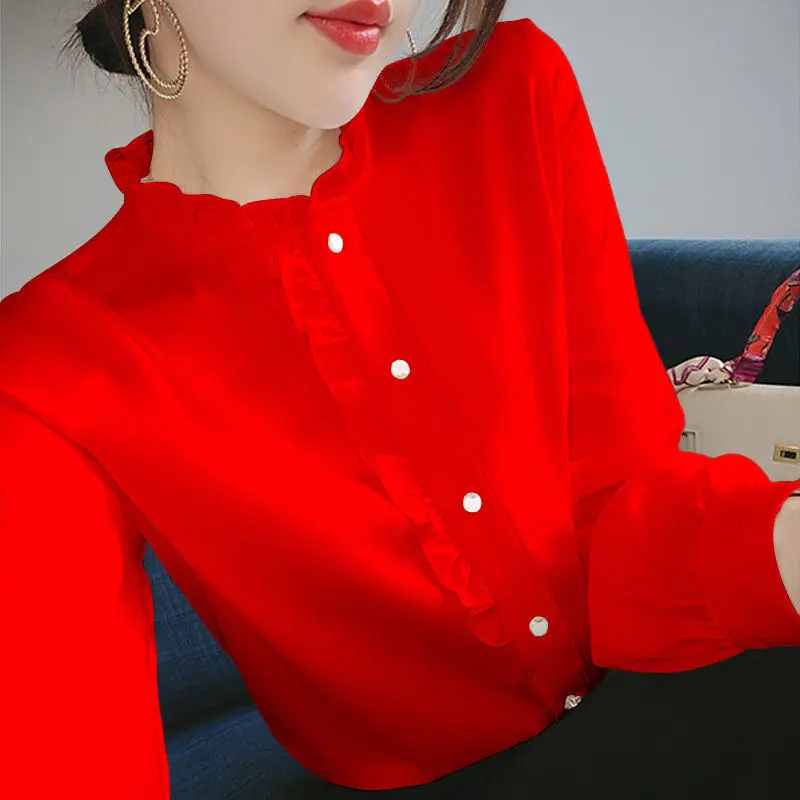 Autumn Winter Solid Color Fleece Blouse Korean Fashion Elegant Shirt for Female Ruffled O-neck Casual Chiffon Top Women Clothing