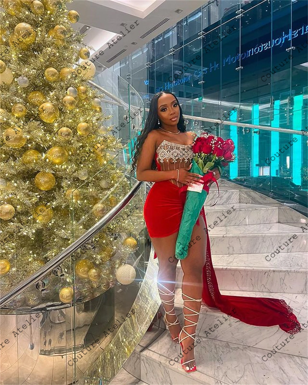 Red Velvet Christmas Day Prom Dresses For Black Girls 2024 Birthday Luxury Party Dress With Beaded Train Mermaid Gala Customized image 6