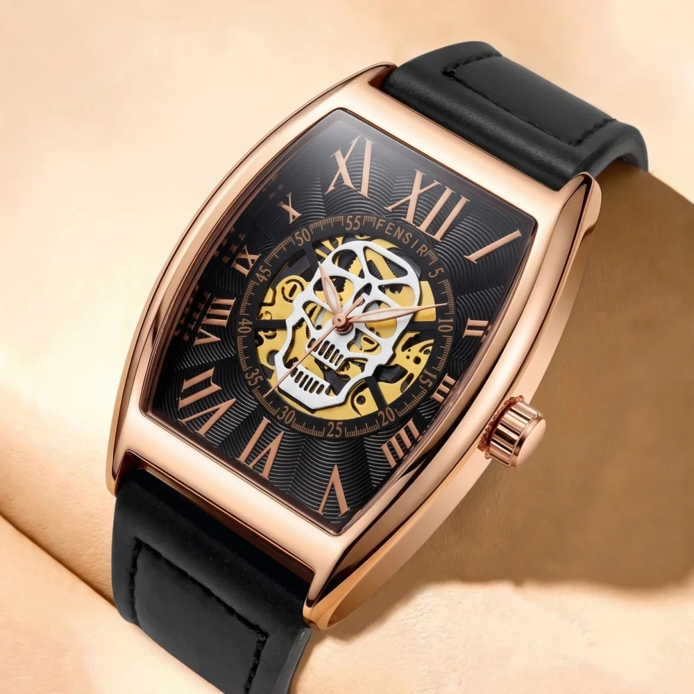 Trendy Men's Quartz Watch, Barrel-Shaped Skull Art Dial, Roman Numerals, Comfortable Strap, Luminous Hands, Waterproof, Personalized Creative Street Punk Style Men's Wristwatch