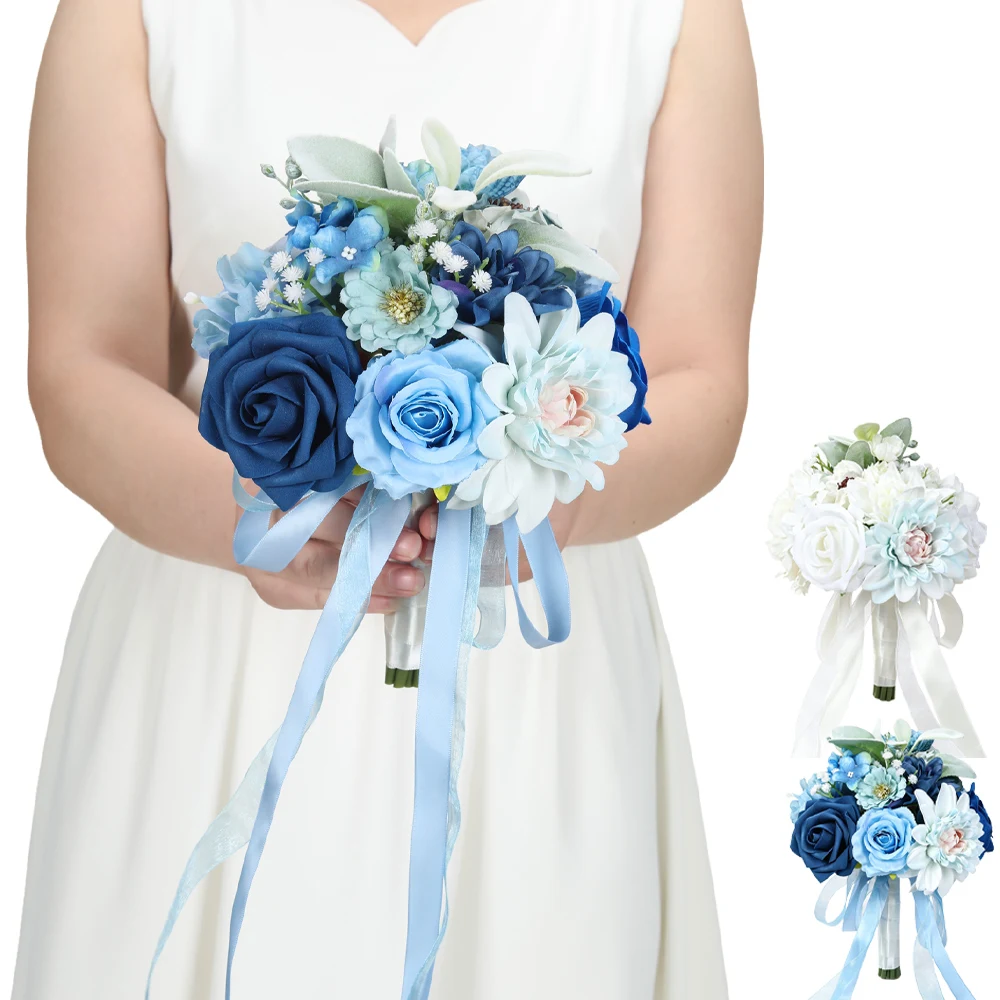 

Blue Tone Rustic Wedding Bridal Bouquet, Mix Of Light And Dark Blue Rose And Hydrangea Artificial Flowers For Wedding Engagement