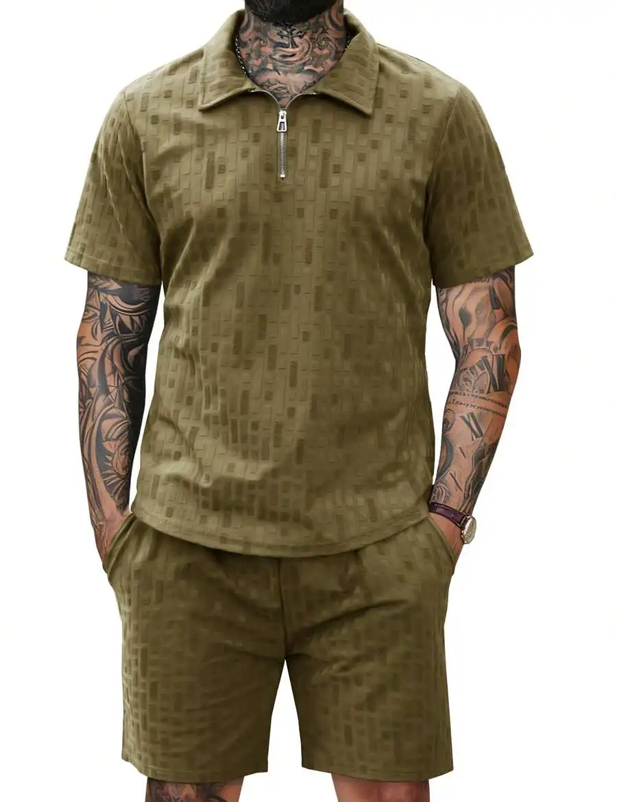 Mens Textured Quarter Zip Shirt And Shorts Set Casual Summer Outfit