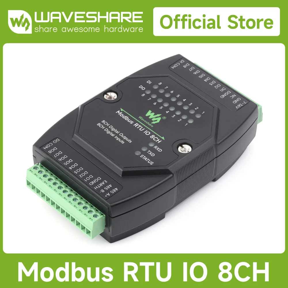 Waveshare Industrial 8-Ch Digital Input & Output Module, DC 7~36V Wide Voltage Power Supply, Modbus RTU Protocol, Rail-Mount