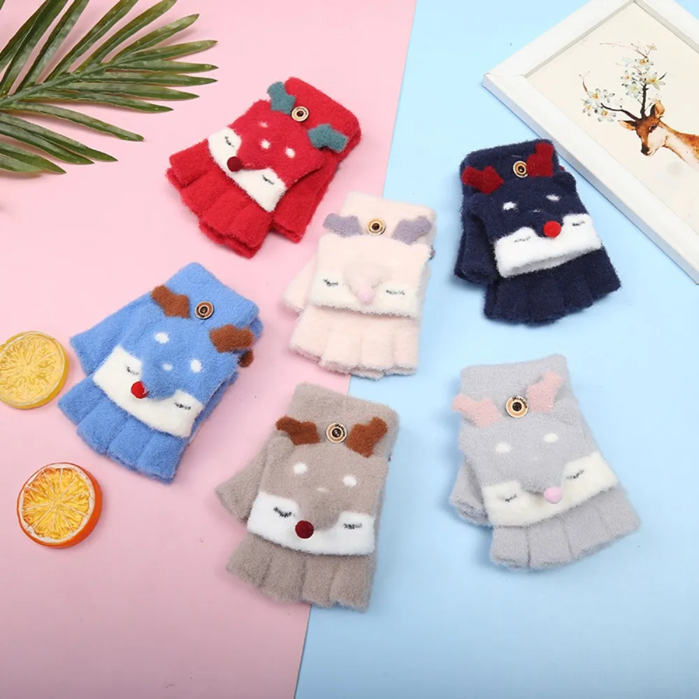 قفازات كرتونية سميكة قابلة للتنفس ومقاومة للبرد بدون أصابع قفازات شتوية دافئة للأولاد والبنات