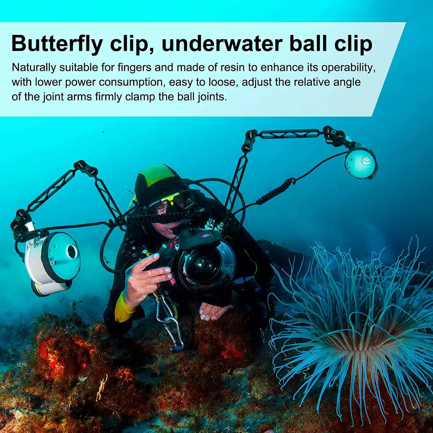 IDUD Aluminum Alloy Scuba Diving Light Torch Dual Ball Joint And 1 Set Butterfly Clip Clamp Mount For Underwater Photography
