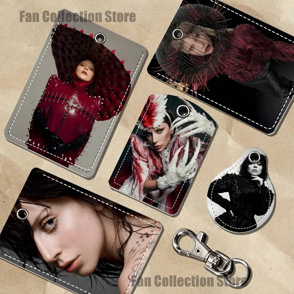 Anime L-Lady Gaga PU Leather Card Holder Keychain Key Ring Door Lock Access Tag ID Access Card Air Tag Case Keychain Card