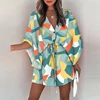 Women Casual Loose Dress Beach Boho Dress Fashion Vintage Print V Neck Drawstring Mini Dress Summer Dresses Robe Femme 2022