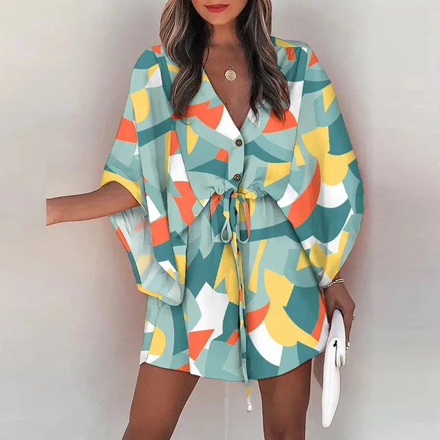 Women Casual Loose Dress Beach Boho Dress Fashion Vintage Print V Neck Drawstring Mini Dress Summer Dresses Robe Femme 2022