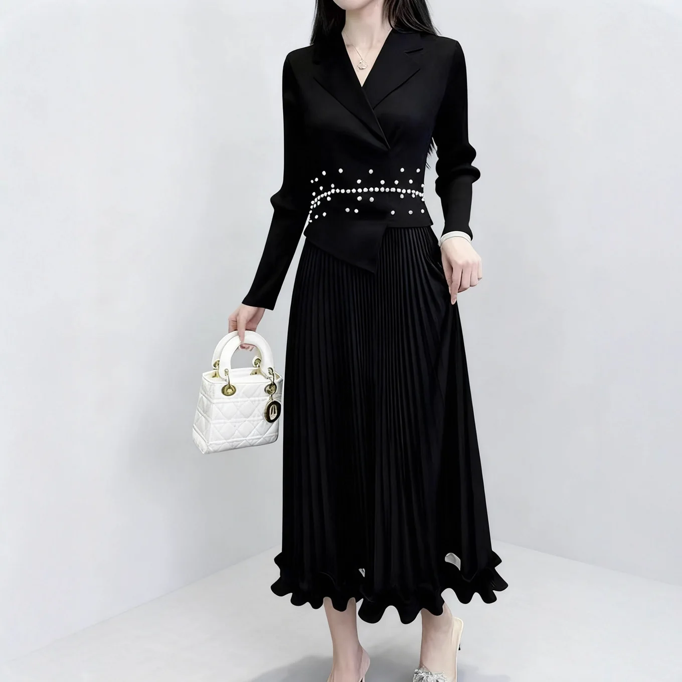 

Miyake Pleated 2025 New Women's Large Size Dress Female Temperament Beaded Wooden Ear Edge Pleated Skirt Long Section Pleated