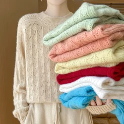 Jesień Zima Nowy 100% Wełna Merino Sweter Odzież Damska Okrągły Dekolt Topy Casual Luźny Dzianinowy Pulower Moda Koreański Płaszcz