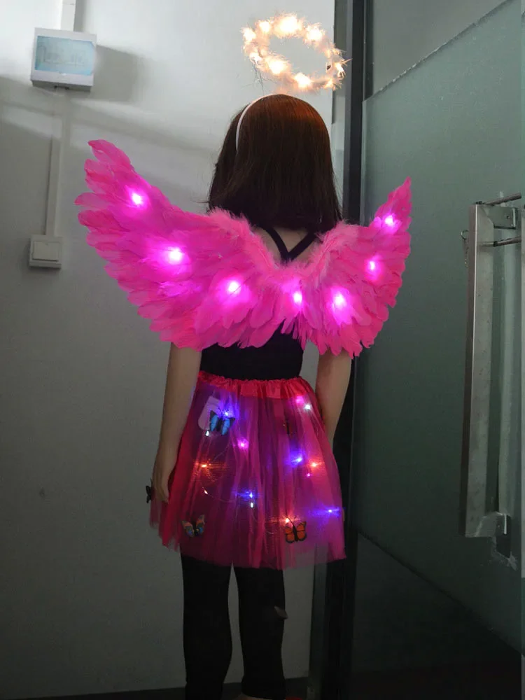 Costume d'Ange Shoe avec Lumière LED, Aile de Plumes, Halo, Anneau, Couronne, Jupe Papillon, Lueur, ixd'Anniversaire, Mariage, Noël, pour Adulte et Enfant