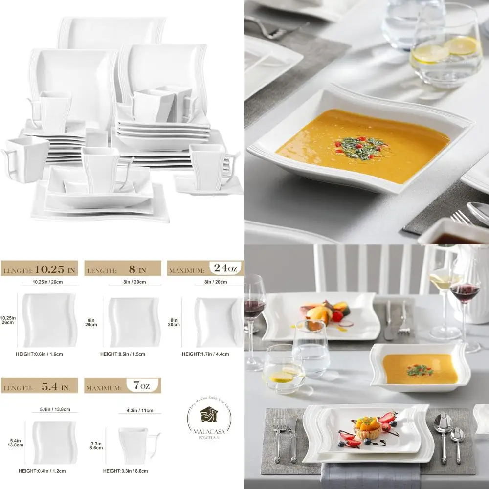 Moderno juego de vajilla de porcelana de 30 piezas en blanco marfil, platos y cuencos cuadrados para 6, apto para lavavajillas y microondas, serie Flor