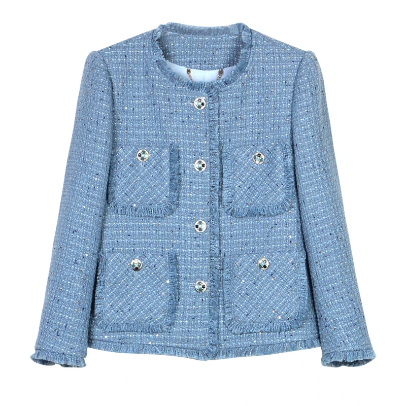 

2025 new style fashionable, comfortable, elegant and high-end blue tweed jacket with ladylike temperament and design