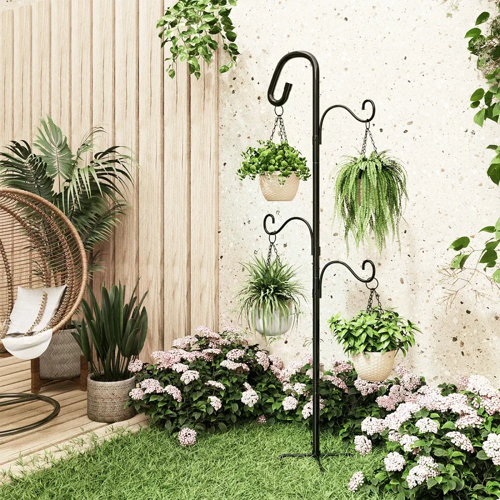 Local WarehouseHeavy-Duty Metal Elegant Scroll Garden Hook Stand - 43.5" Tall Black Outdoor Hanging Lantern & Ornament Post, Cottagecore Door-Mounted For Heavy Flowers, Banners, Wreaths - Easy Installation, No Ground Soil/Money-Saving Garden