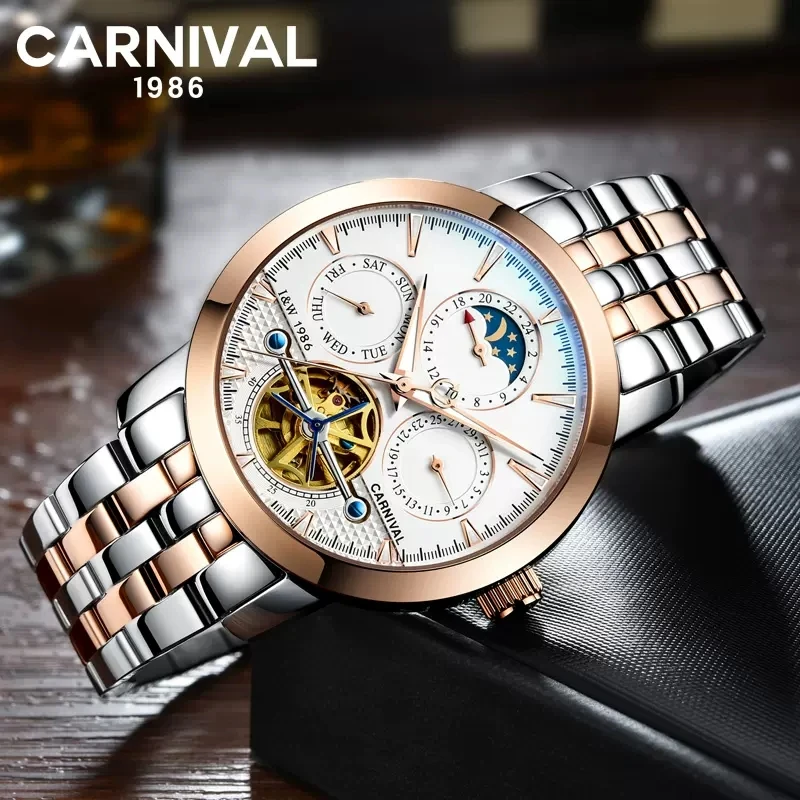 Carnival Brand Fashion Automatic Tourbillon Watch Men Luxury Mechanical Wristwatch Luminous Military Clock Relogio Masculino