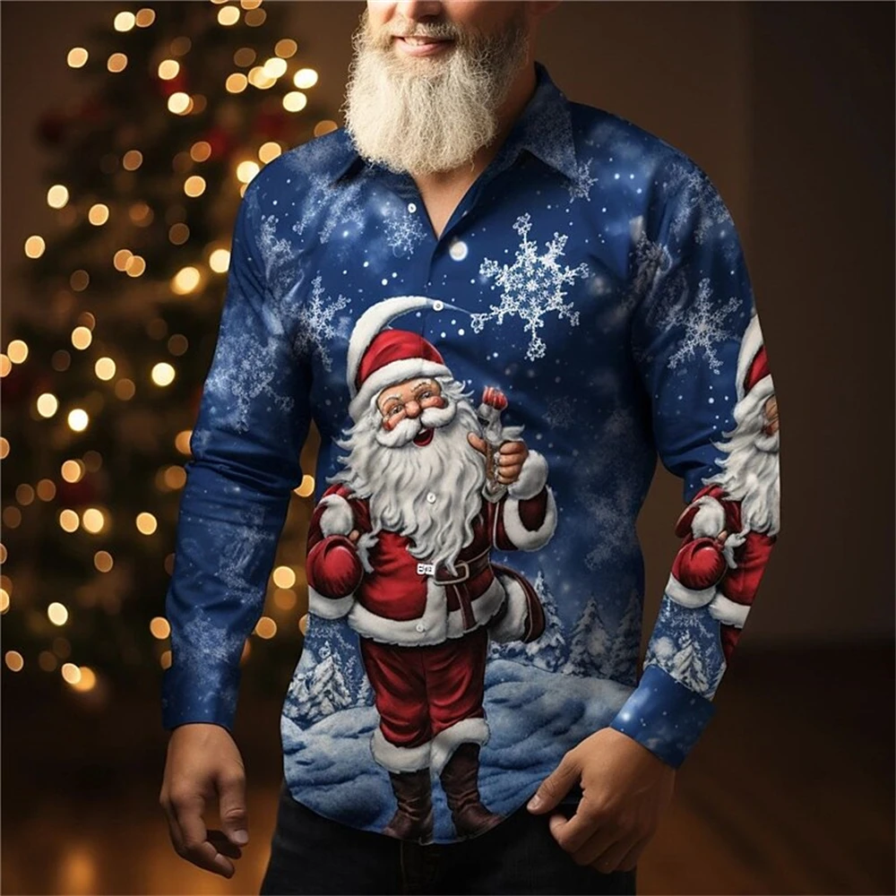 

New Year Long Sleeved Shirt Christmas Santa Claus Casual Breathable Hawaiian Shirt Man Fashion Men's Shirt Short Sleeved Top