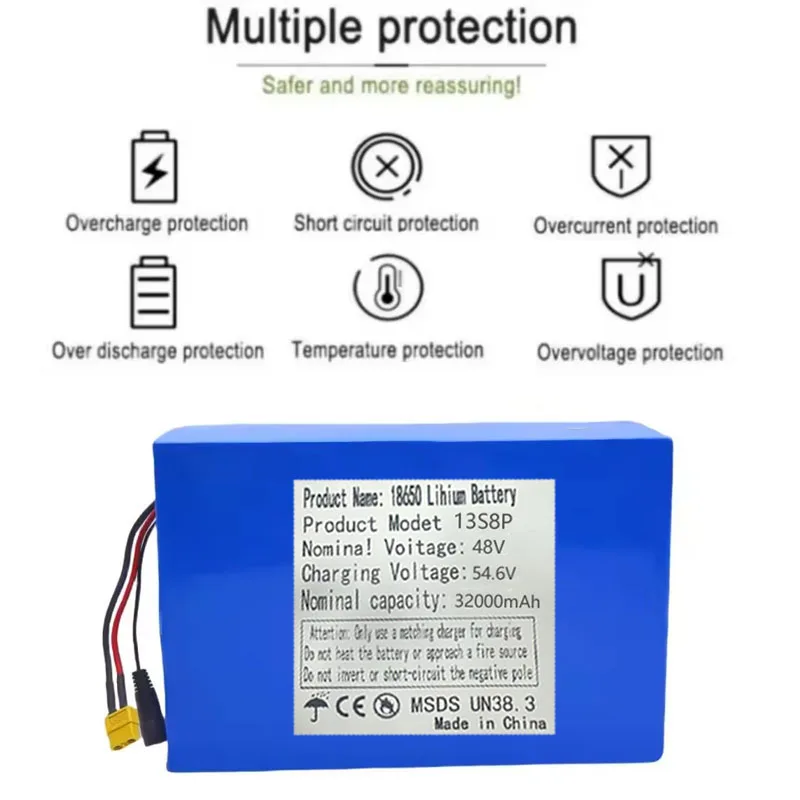 بطارية ليثيوم 48 فولت 32 أمبير 32000 مللي أمبير 13s8p ذات سعة كبيرة مناسبة لـ 48 فولت 1000 وات - شاحن BMS 54.6 2A مدمج