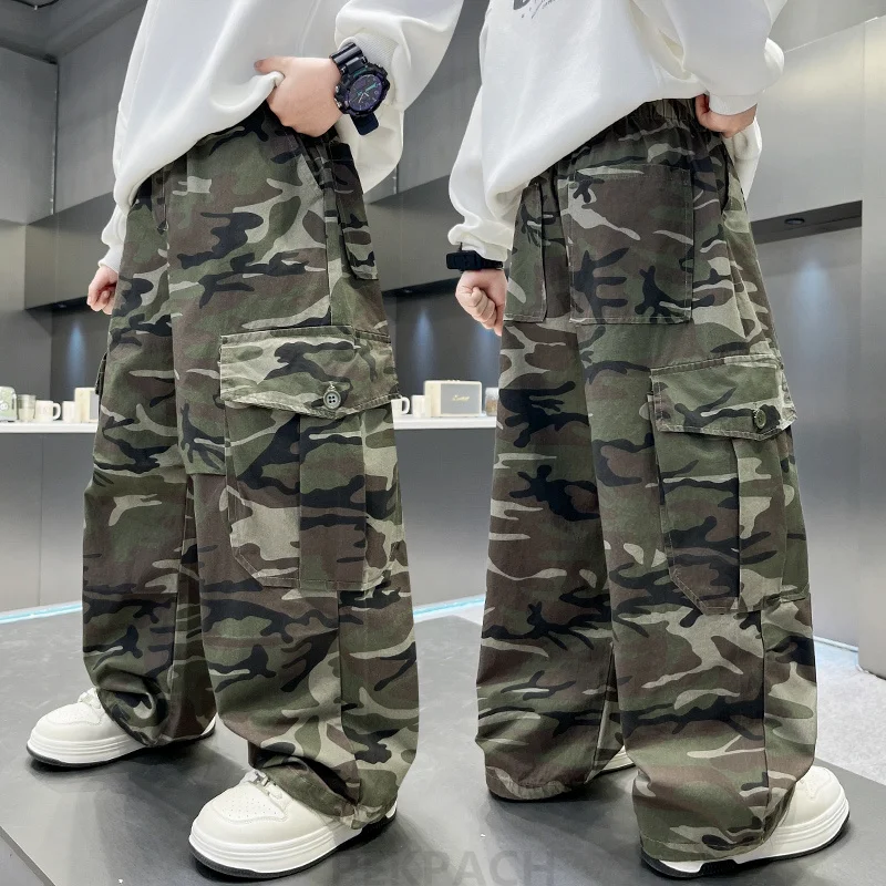 

Autumn Children Camouflage Hunting Pants for Teenager Boy Military Tactical Sweatpants Kids Loose Straight Camo Cargo Trousers