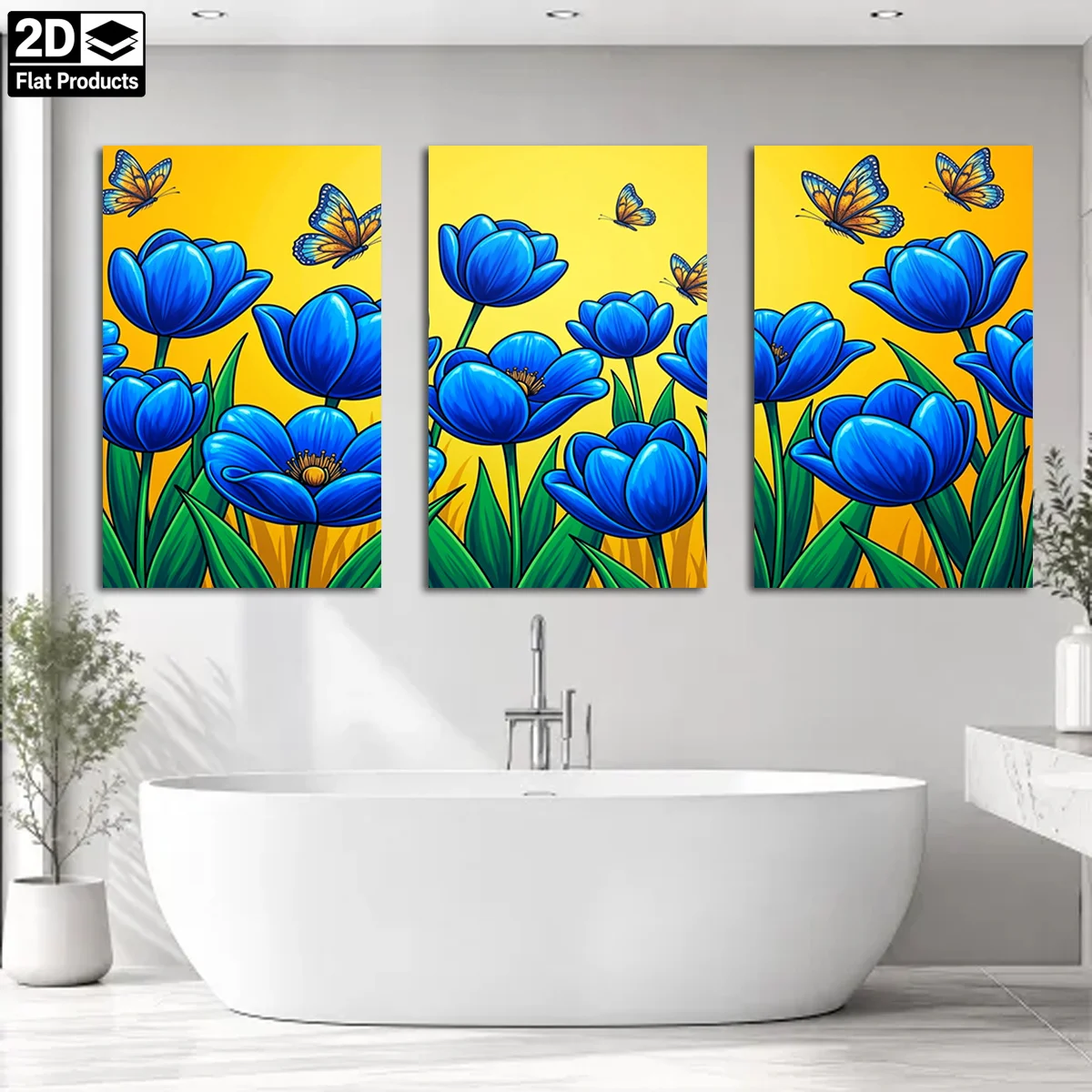 Frameless 3PCS 2D Decorative painting - Canvas painting - Blue tulips green leaves and butterflies on yellow background cheap