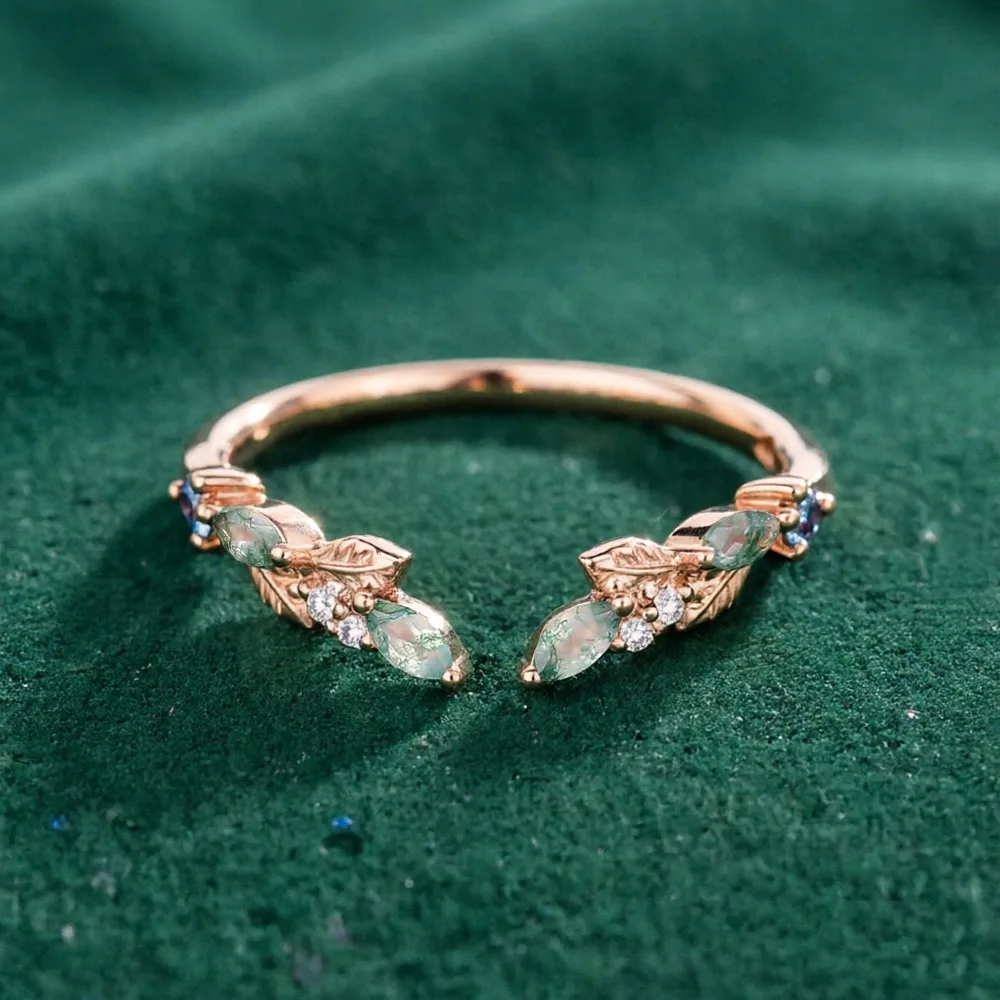 Anillo Apilable Vintage CxsJeremy de Oro Rosa Sólido de 14K con Ágata Musgosa de Corte Marquesa y Hoja, con Alejandrita y Moissanita