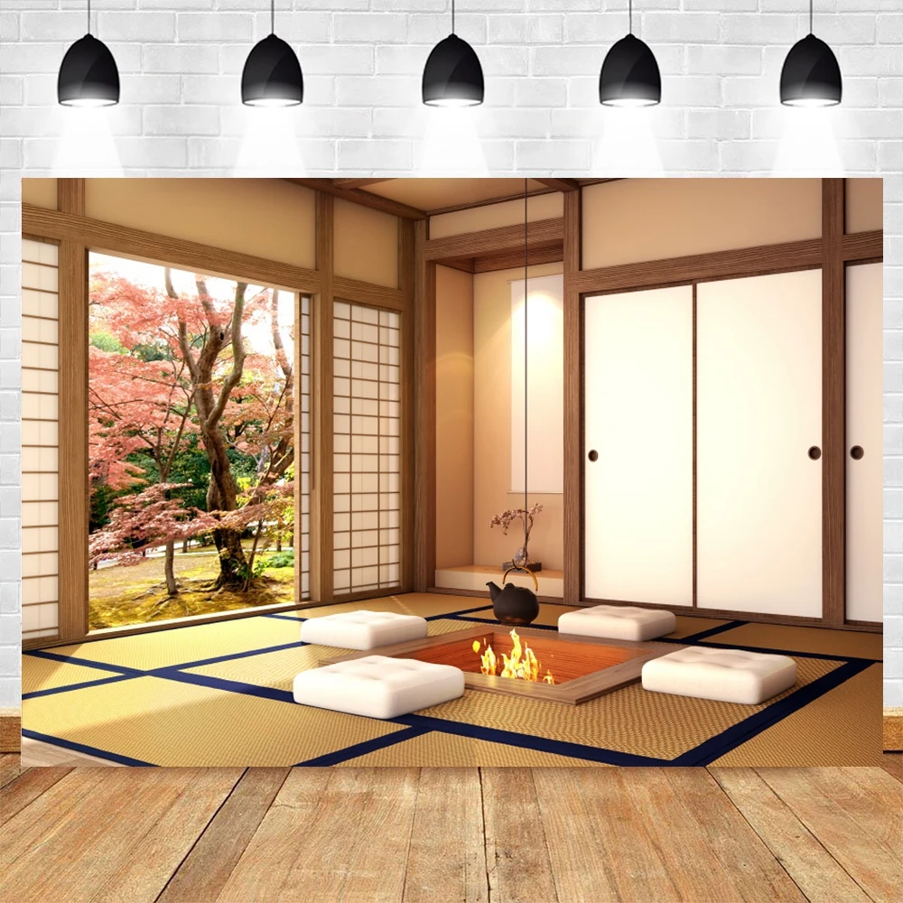 Japanese Style Living Room Photography Backdrop Wood Window Flowers Porch Decor Portrait Photographic Background Photo Studio