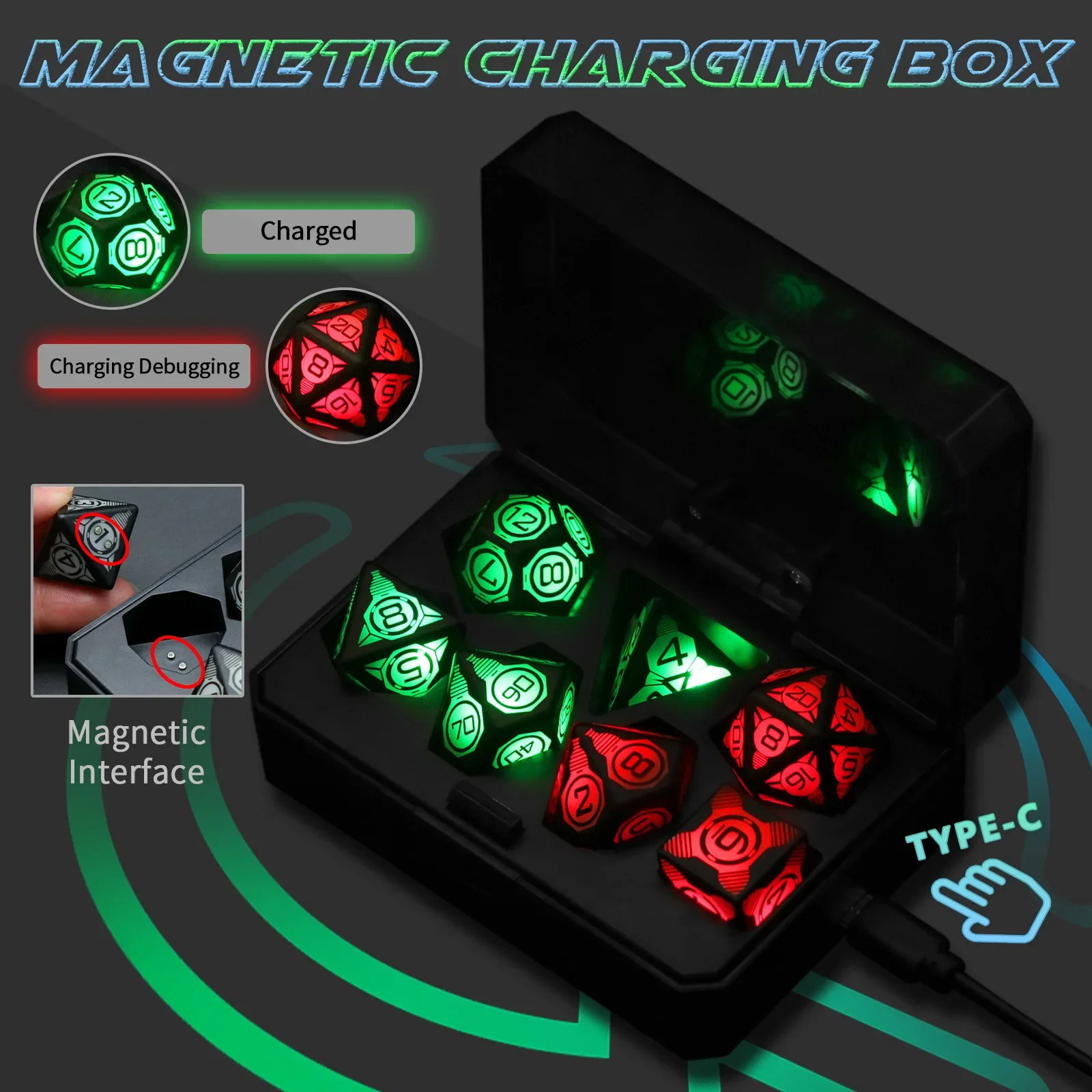 Magnetic Charging LED Dice with Charging Box with 3 Lighting Modes, Dungeons and Dragons Dice Polyhedral Dice for Tabletop Game