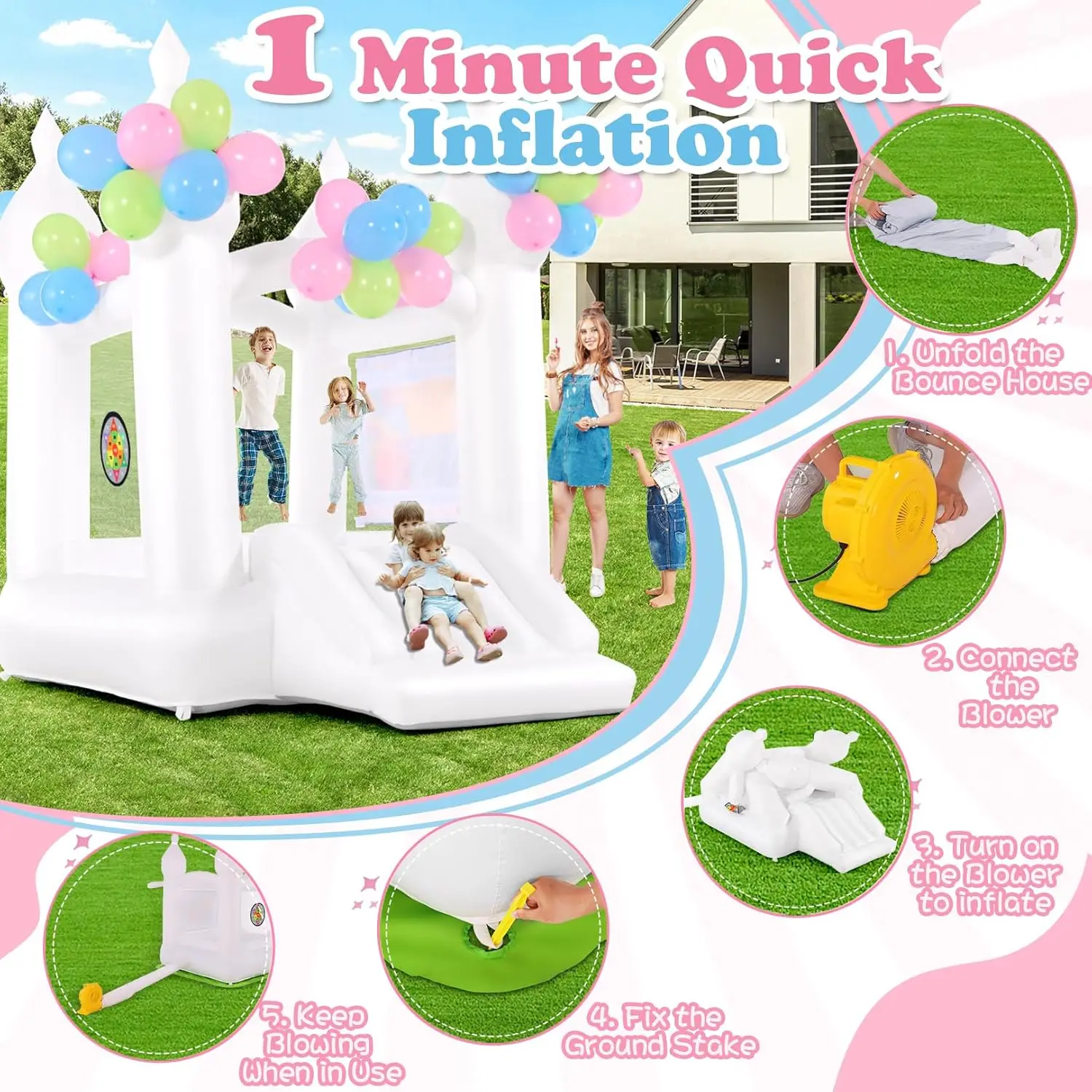 Maison de rebond gonflable pour enfants de 3 à 6 ans, maison de saut blanche pour avec toboggan, 108 ballons, arc et flèche, intérieur B