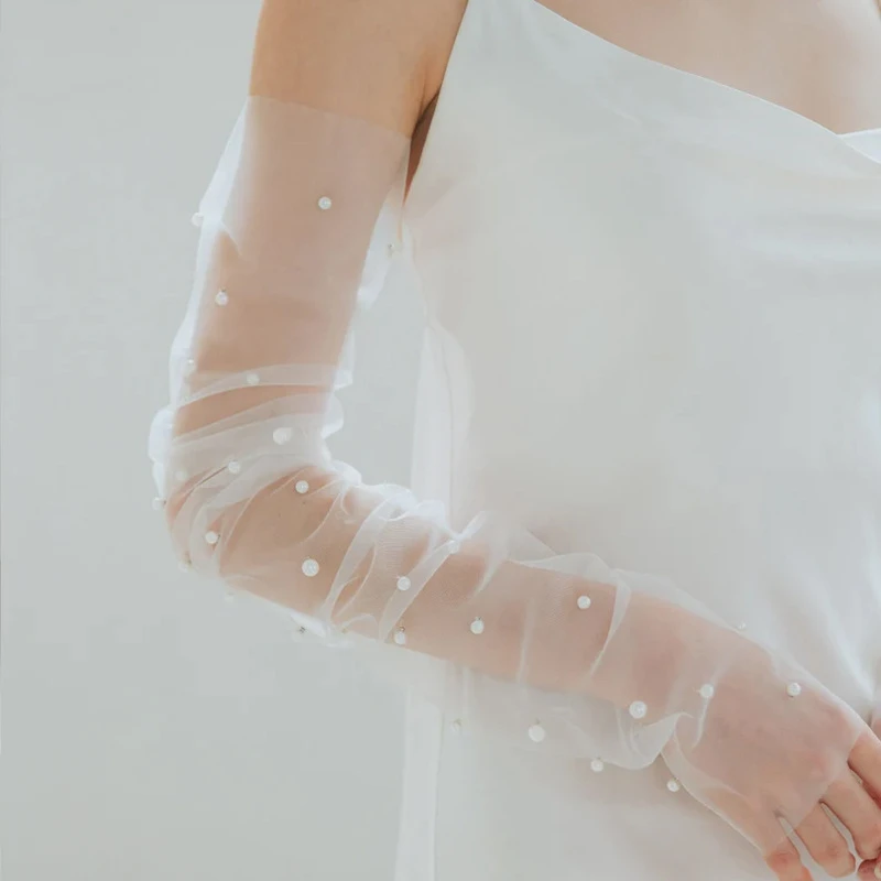 ลูกไม้ที่ถอดออกได้ยาวถุงมือเจ้าสาว Hollow Out โปร่งใสสีขาวงานแต่งงานผู้หญิงตาข่ายตกแต่งแขนแขน