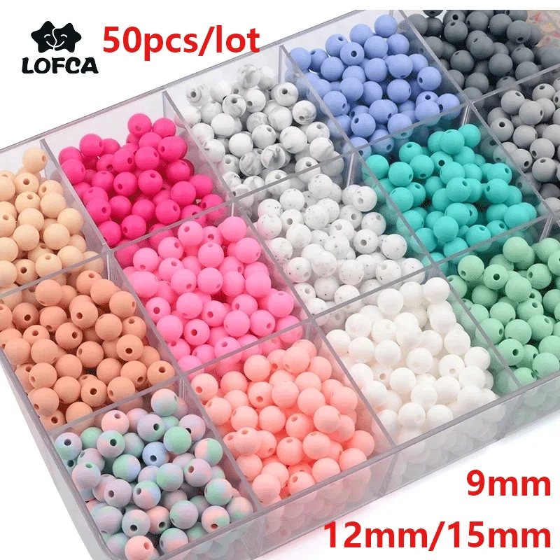 LOFCA 50Pcs/Lot Silicone Bead 9/12/15MM Used in jewelry making Necklace Bracelets Keychain Jewelry accessories