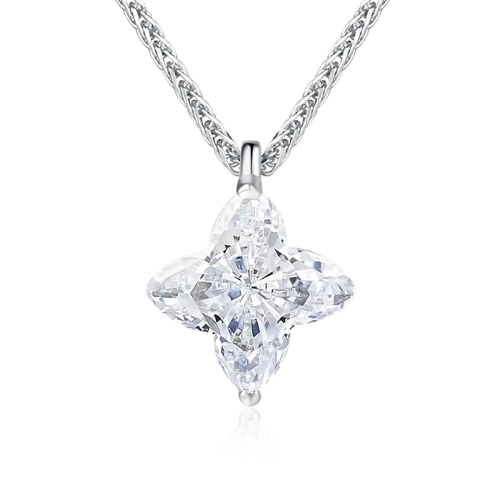 Star Shaped Moissanite S925 Sterling Silver Four-Pointed Star Pendant Necklace Forwomen Four-Leaf Clover Design Mermaid's Tears