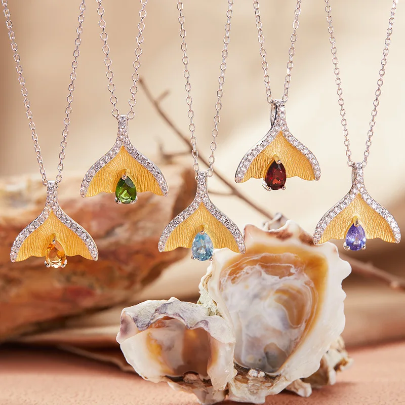 

s925Чистый серебряный натуральный драгоценный камень Танзанит Топаз Диопсид Гранат Красочное ожерелье из драгоценных камней для женщин Кулон Рыбий хвост Дизайн