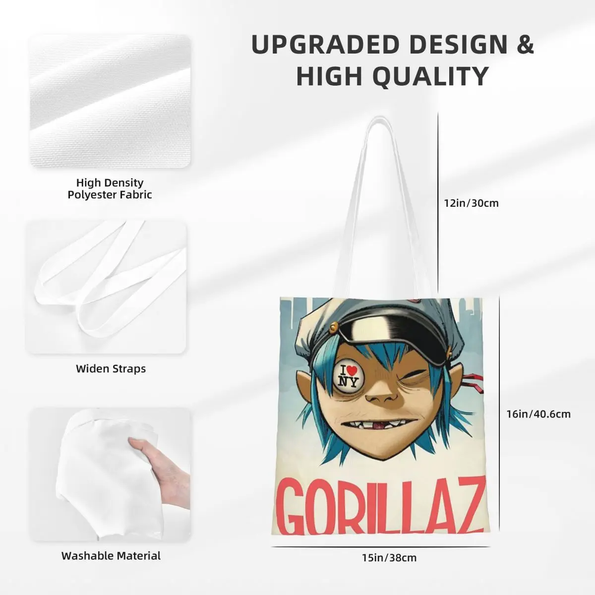 กระเป๋าช้อปปิ้งวงดนตรีกอริลาซ กระเป๋าผ้าแคนวาส กระเป๋าโท้ทแบบใช้ซ้ำได้สำหรับสาวๆ กระเป๋าสะพายไหล่ กระเป๋าเดินทาง