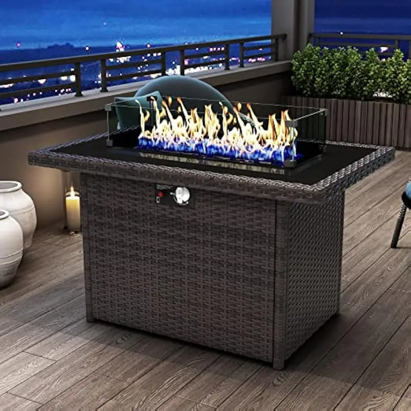 44 Inch Rectangular Outdoor Fire Table with 60000 BTU LPG Burner, Weatherproof Wicker Frame, Tempered Glass Wind Shield, Brown S