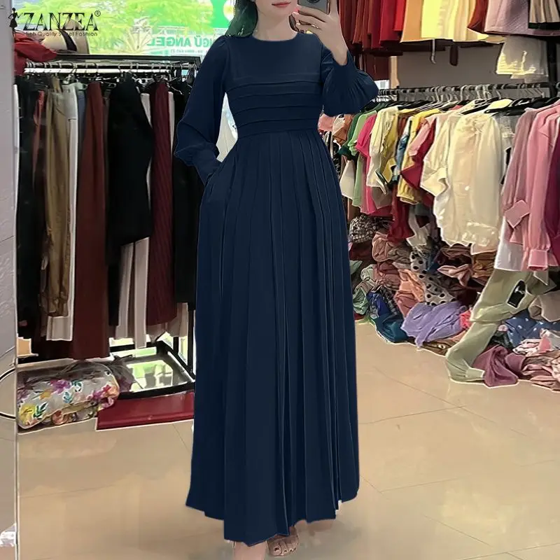 ZANZEA Mode Lange Mouw Jurken Vrouwen Geplooide Elegante Partij Vestidos 2026 Herfst Lente Casual Solid Losse Maxi Gewaad